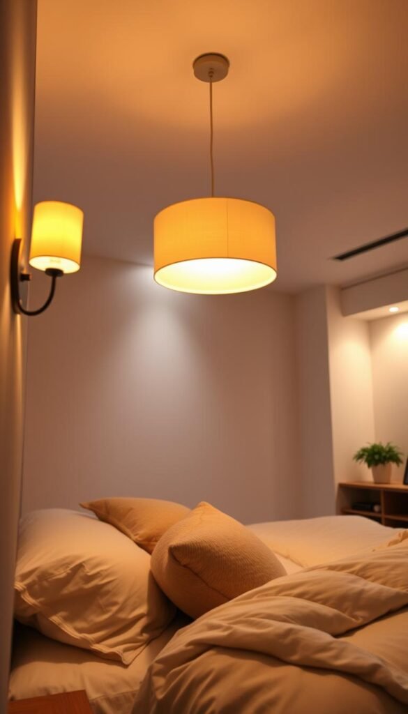 A cozy and serene bedroom with a soft, layered lighting scheme. Warm, dimmable wall sconces casting a gentle glow in the foreground, complemented by a large, central pendant light with a soft, diffused illumination in the middle ground. In the background, a sleek, recessed lighting system casts a subtle ambient light, creating depth and ambiance. The lighting is arranged to highlight the neutral color palette, natural textures, and plush furnishings, resulting in a tranquil and inviting atmosphere. Captured with a wide-angle lens to showcase the harmonious interplay of light and space.