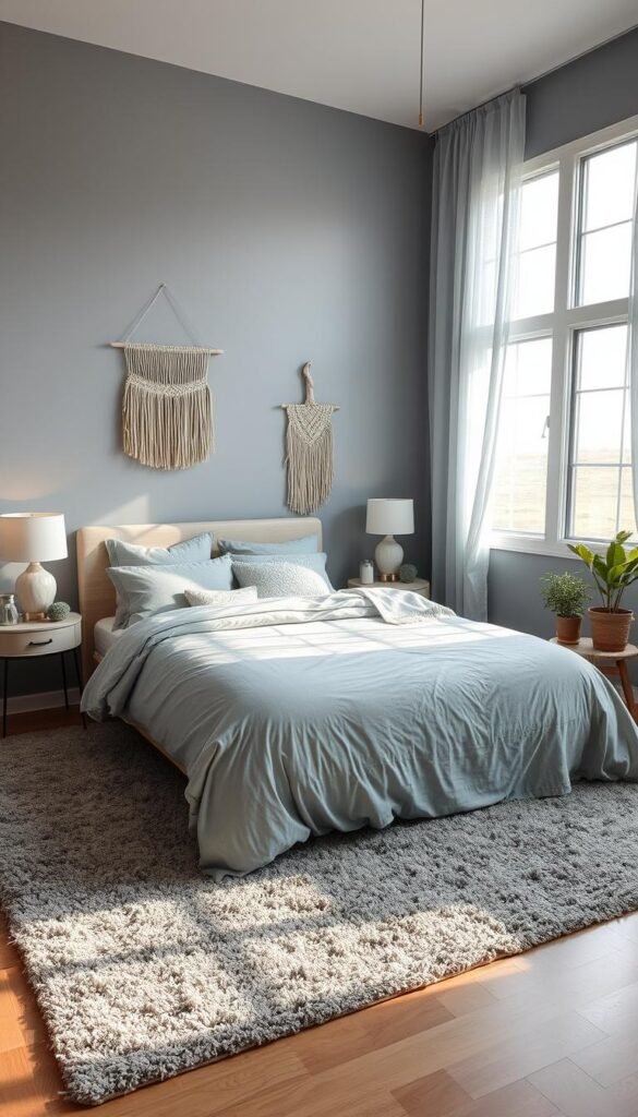 A cozy and serene bedroom with an ocean-inspired color palette. A large bed is the focal point, dressed in soft shades of gray and blue bedding, creating a calming and tranquil atmosphere. The walls are painted in a soothing gray tone, complemented by plush gray area rugs and curtains in a subtle blue hue. Decorative elements, such as driftwood-inspired lamps, a woven wall hanging, and a few potted plants, add natural textures and a touch of coastal charm. Soft, natural lighting filters through the large window, casting a warm glow throughout the space and enhancing the peaceful, beachy vibe.