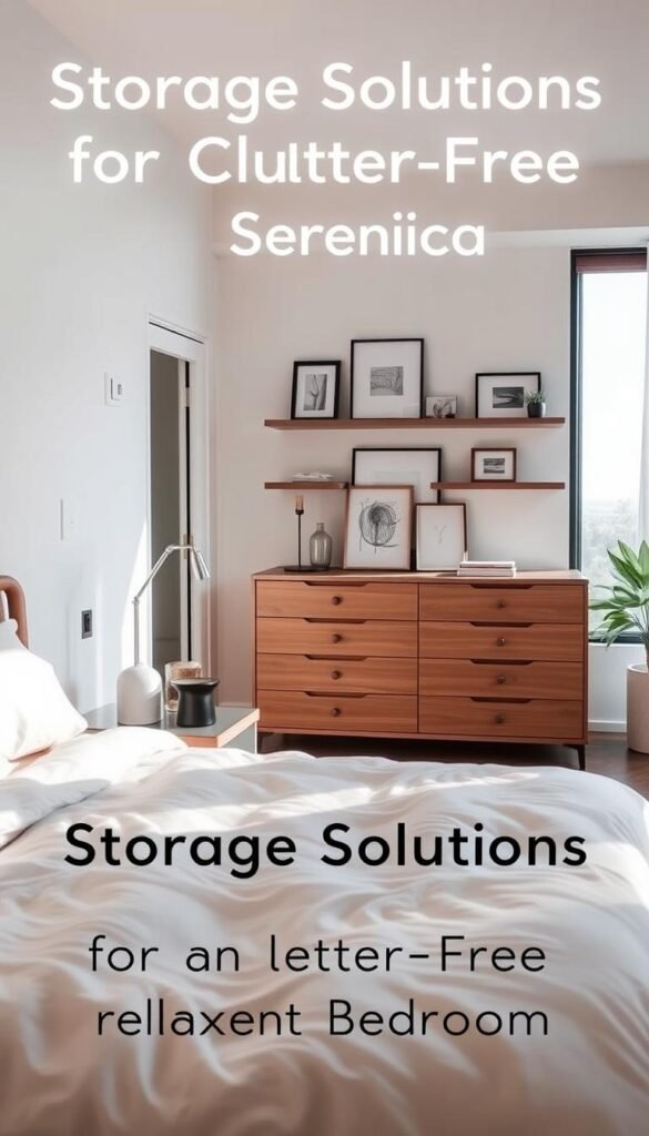 A cozy and serene modern bedroom with thoughtfully designed storage solutions. In the foreground, a neatly arranged nightstand with a minimalist table lamp and a few decorative items. In the middle ground, a low-profile dresser with clean lines and ample drawer space, complemented by sleek wall-mounted shelves displaying artful decor pieces. The background features a large window allowing natural light to flood the space, creating a calming atmosphere. The overall scene exudes a sense of tranquility and organization, perfectly suited for the "Storage Solutions for Clutter-Free Serenity" section of the "Tips for a Romantic and Relaxing Modern Bedroom" article.