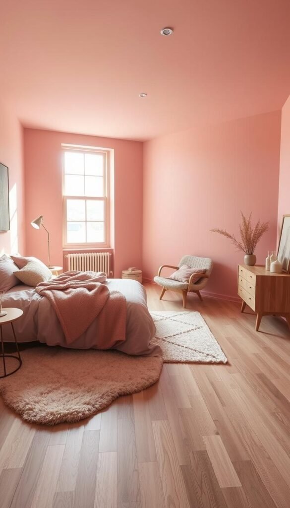 A cozy and serene pink bedroom with a neutral, minimalist flooring design. The room is flooded with warm, natural light from a large window, casting a soft, diffused glow. The walls are painted a soft, muted pink, complementing the neutral tone of the hardwood or laminate flooring. Plush, neutral-colored area rugs define the layout, adding texture and visual interest. Muted pink accents, such as throw pillows and a cozy blanket, create a cohesive and calming atmosphere. Sleek, modern furniture in natural wood tones or whites complete the contemporary, yet inviting design. The overall aesthetic is sophisticated, relaxing, and perfectly balanced.