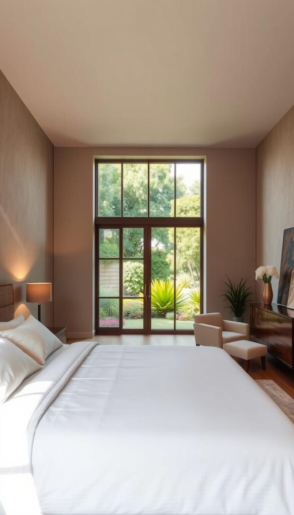 A cozy and sophisticated personal retreat bedroom with a warm, inviting atmosphere. A large, plush king-size bed with crisp white linens and a neutral color palette dominates the foreground, flanked by minimalist wooden nightstands and a pair of sleek, muted lamps casting a soft, ambient glow. In the middle ground, a floor-to-ceiling window offers a serene view of a lush, verdant garden, filtering in natural light and creating a sense of tranquility. The background features a calming, earthy color scheme with subtle texture on the walls, complemented by a low-profile dresser and a comfortable armchair, creating a harmonious and aesthetically-pleasing retreat. A cozy and sophisticated personal retreat bedroom with a warm, inviting atmosphere. A large, plush king-size bed with crisp white linens and a neutral color palette dominates the foreground, flanked by minimalist wooden nightstands and a pair of sleek, muted lamps casting a soft, ambient glow. In the middle ground, a floor-to-ceiling window offers a serene view of a lush, verdant garden, filtering in natural light and creating a sense of tranquility. The background features a calming, earthy color scheme with subtle texture on the walls, complemented by a low-profile dresser and a comfortable armchair, creating a harmonious and aesthetically-pleasing retreat.