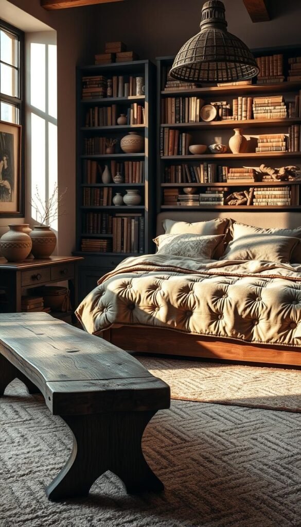 A cozy and textured bedroom scene, bathed in warm, diffused lighting. In the foreground, an inviting, plush rug with a subtle herringbone pattern. Nearby, a weathered wooden bench, its surface worn and distressed, provides additional seating and visual interest. Against the far wall, a towering bookshelf showcases an eclectic array of hardcovers, ceramic vases, and decorative objects, casting dynamic shadows. The centerpiece is a sumptuous bed, draped in layers of soft, tufted fabrics and pillows in earthy tones, creating a sense of depth and tactility. Overhead, a rustic pendant light fixture casts a gentle glow, accentuating the room's intimate and welcoming atmosphere.