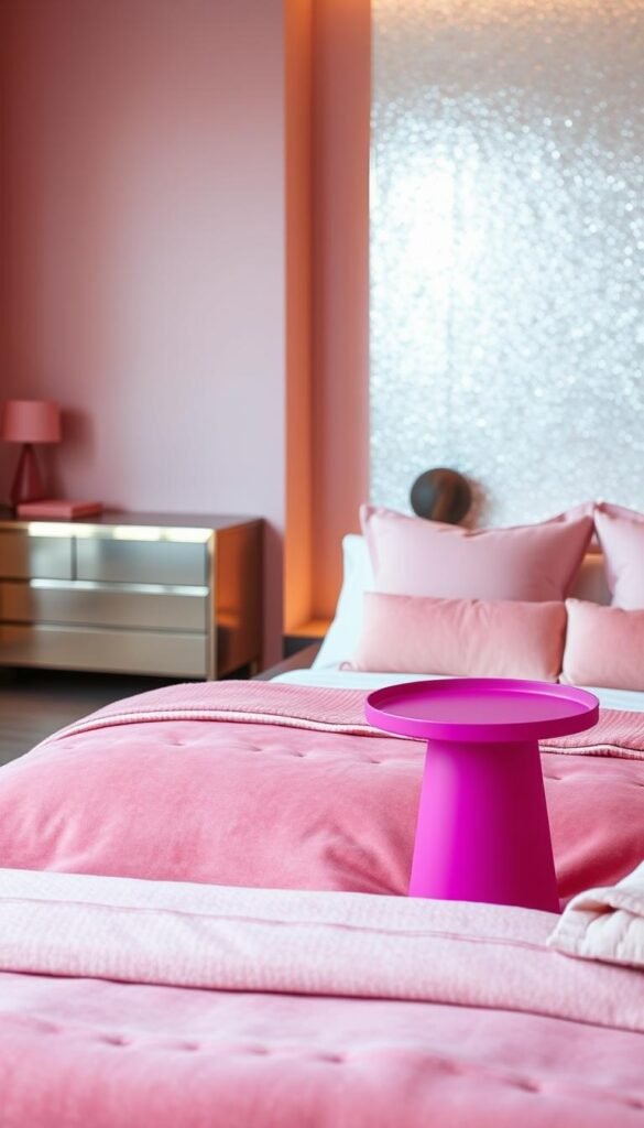 A cozy and visually captivating bedroom design featuring contrasting pink shades. In the foreground, a plush, rose-colored velvet bedframe takes center stage, complemented by delicate blush-toned pillows and a soft, dusky pink throw blanket. The middle ground showcases a modern, minimalist side table in a deeper, bolder fuchsia hue, creating a striking visual juxtaposition. The background is bathed in warm, diffused lighting, highlighting the textural interplay of matte and glossy surfaces, such as a sleek, metallic-accented dresser and a shimmering, pearlescent accent wall. The overall mood is one of elegant sophistication, where the harmonious blend of varying pink tones evokes a sense of tranquility and refined style.