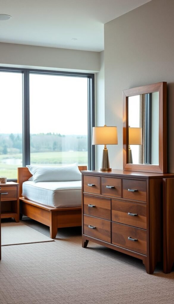 A cozy and well-appointed standard bedroom set, featuring a sturdy wooden bed frame with a plush mattress, flanked by two matching nightstands with warm wood tones. In the foreground, a classic dresser with clean lines and ample drawer space sits adjacent to a full-length mirror, reflecting the soft, diffused lighting from a pair of modern table lamps. In the background, a large window allows natural light to filter in, highlighting the textured walls and a serene landscape visible outside. A cozy and well-appointed standard bedroom set, featuring a sturdy wooden bed frame with a plush mattress, flanked by two matching nightstands with warm wood tones. In the foreground, a classic dresser with clean lines and ample drawer space sits adjacent to a full-length mirror, reflecting the soft, diffused lighting from a pair of modern table lamps. In the background, a large window allows natural light to filter in, highlighting the textured walls and a serene landscape visible outside.