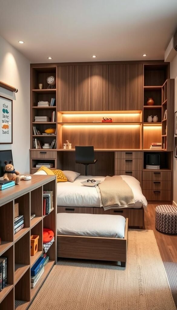 A cozy and well-designed boys' room featuring adaptable furniture. In the foreground, a modular bookshelf unit with adjustable shelves and cubbies, suitable for storing toys, books, and decor as the child grows. In the middle ground, a convertible daybed with a pull-out trundle, transitioning from a cozy lounging spot to an additional sleeping area. The background showcases a large, reconfigurable wall unit with built-in desk space, drawers, and open shelves, allowing the room to evolve with the child's needs. Warm, indirect lighting casts a soft glow, creating a inviting and adaptable atmosphere. The room is styled with a neutral color palette, natural textures, and pops of vibrant accents, reflecting a modern, timeless aesthetic.