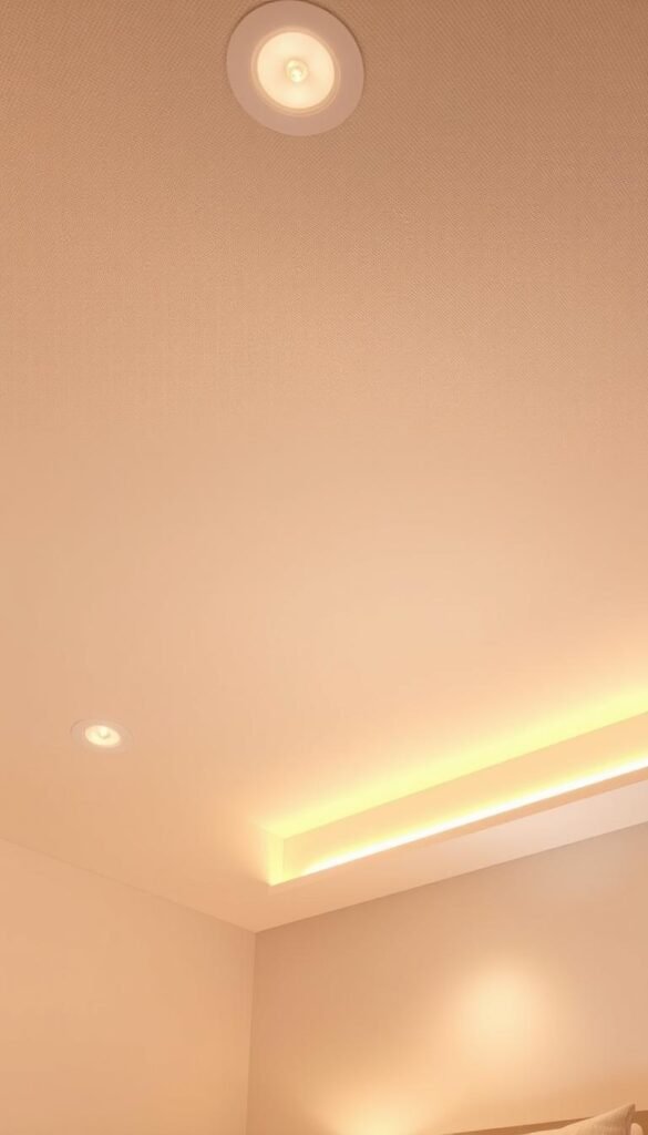 A cozy and well-designed small bedroom ceiling, featuring a warm, recessed lighting system that casts a soft, ambient glow across the space. The ceiling is adorned with a subtle, textured pattern that adds visual interest without overwhelming the room. Delicate, minimalist light fixtures are strategically placed to illuminate key areas, creating a harmonious and tranquil atmosphere. The clean, modern aesthetic is complemented by the use of natural materials, such as wood or stone, which adds a touch of warmth and elegance to the overall design. The bedroom's neutral color palette and the thoughtful use of lighting work together to make the space feel inviting, relaxing, and tailored to the needs of the occupant.