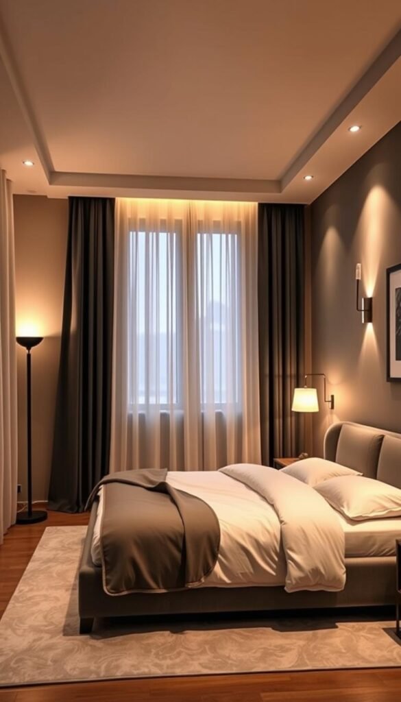 A cozy and well-lit bedroom with a modern grey color scheme. The room is bathed in warm, ambient lighting from recessed ceiling fixtures and a sleek, minimalist floor lamp in the corner. Soft, diffused light filters through sheer curtains, casting a gentle glow. The focal point is a modern, upholstered grey bed frame with plush bedding. Geometric shapes and clean lines accentuate the contemporary aesthetic. Carefully placed sconces on the walls provide additional illumination, highlighting artwork and decor. The overall atmosphere is serene, sophisticated, and designed to elevate the senses.