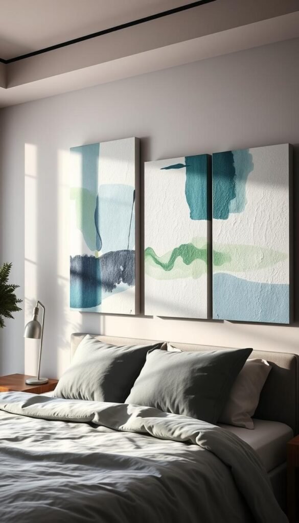 A cozy bedroom with a feature wall adorned with abstract art. Textured canvases in muted tones of blue, green, and white create a soothing, calming atmosphere. The lighting is soft and indirect, casting a warm glow across the space. Geometric shapes and fluid brushstrokes intertwine, forming a visually striking and harmonious display. The art seamlessly blends with the modern, minimalist aesthetic of the room, elevating the overall design. A sense of tranquility and artistic elegance permeates the scene, inviting the viewer to pause and appreciate the carefully curated wall decor. A cozy bedroom with a feature wall adorned with abstract art. Textured canvases in muted tones of blue, green, and white create a soothing, calming atmosphere. The lighting is soft and indirect, casting a warm glow across the space. Geometric shapes and fluid brushstrokes intertwine, forming a visually striking and harmonious display. The art seamlessly blends with the modern, minimalist aesthetic of the room, elevating the overall design. A sense of tranquility and artistic elegance permeates the scene, inviting the viewer to pause and appreciate the carefully curated wall decor.