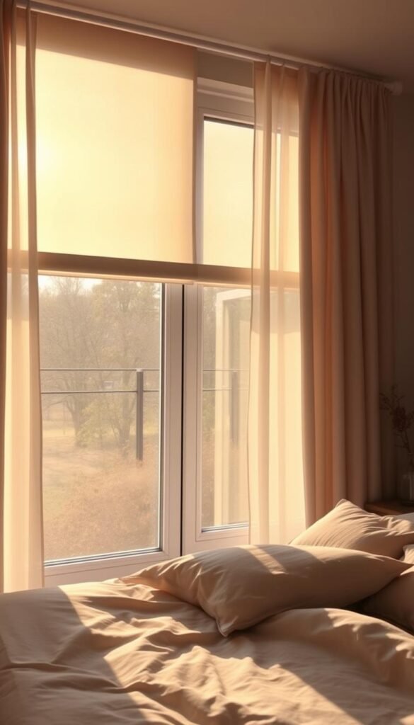 A cozy bedroom with a large window showcasing elegant, light-filtering window treatments. The curtains are made of a soft, sheer fabric that gently diffuses the warm, afternoon sunlight, creating a tranquil, romantic ambiance. The curtain rods have a sleek, minimalist design, blending seamlessly with the modern, neutral-toned decor. The curtains are slightly parted, allowing slivers of natural light to dance across the room, casting a gentle glow on the plush bedding and wood-toned furnishings. The overall scene exudes a sense of serenity and relaxation, perfectly complementing the "Window Treatments for Light Control" theme.