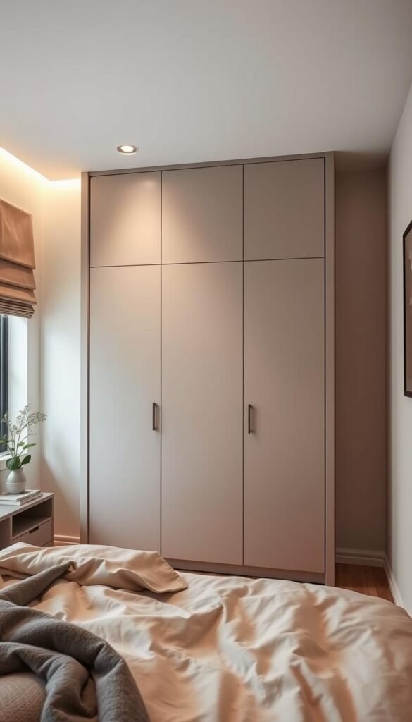 A cozy bedroom with a modern wardrobe seamlessly blending into the surrounding walls. Soft, diffused lighting illuminates the space, creating a harmonious and calming atmosphere. The wardrobe's hue subtly complements the muted tones of the walls, resulting in a visually cohesive and spacious feel. The sleek, minimalist design of the wardrobe accentuates the room's clean, contemporary aesthetic. Carefully arranged décor and textiles add warmth and personality, while maintaining a sense of visual balance and simplicity. An inviting and serene sanctuary, perfectly suited for a small, modern bedroom.