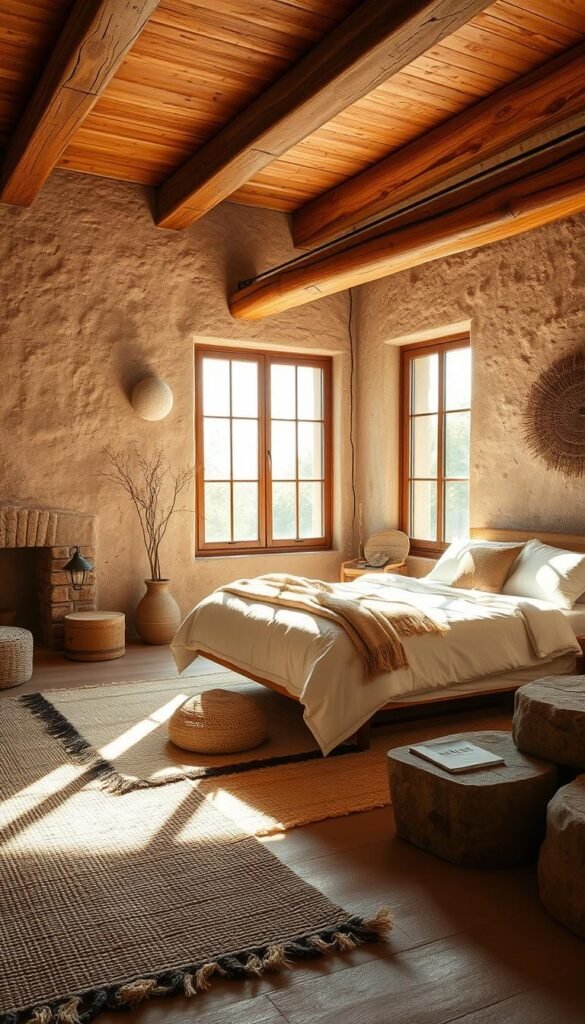A cozy bedroom with a rustic, earthy ambiance. Warm wooden beams and textured plaster walls create a natural, organic backdrop. Soft linens, woven rugs, and natural fiber accents add layers of inviting texture. Sunlight streams in through large windows, casting a golden glow across the space. A mix of natural materials, from weathered wood to smooth stone, create visual interest. The overall mood is one of tranquility and relaxation, blending the simplicity of nature with modern design sensibilities.