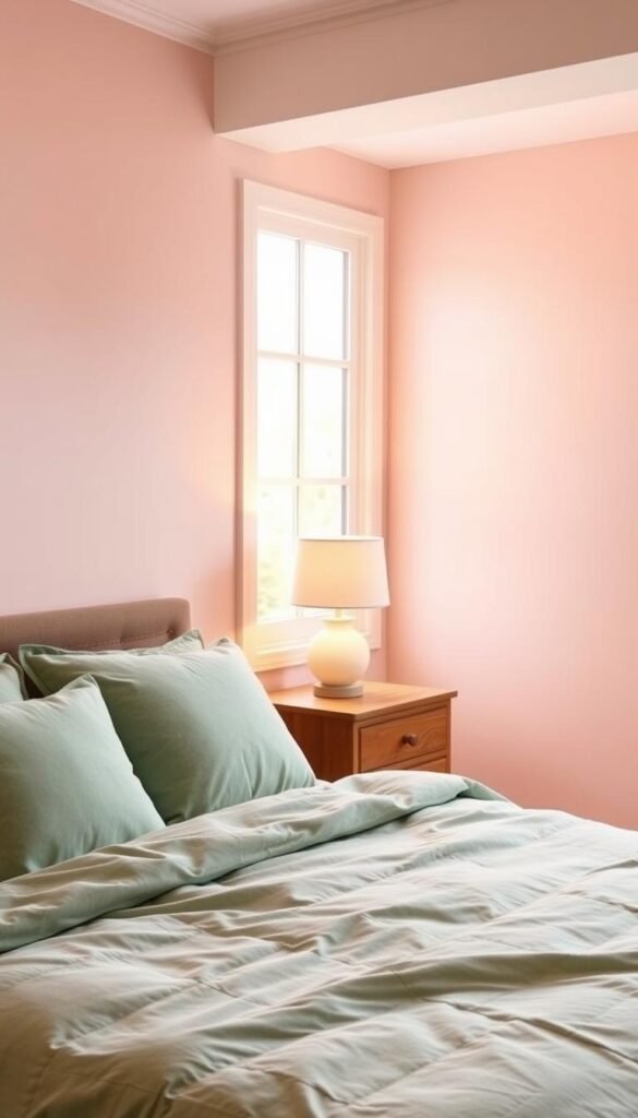 A cozy bedroom with a serene blend of blush pink and sage green. The walls are painted in a soft, muted blush, creating a calming and inviting atmosphere. In the foreground, a plush sage green duvet covers the bed, complemented by matching throw pillows. The middle ground features a wooden nightstand with a delicate blush pink lampshade emitting a warm, ambient glow. In the background, a large window lets in natural light, casting a gentle, ethereal illumination throughout the space. The overall aesthetic is one of tranquility, balance, and effortless sophistication.