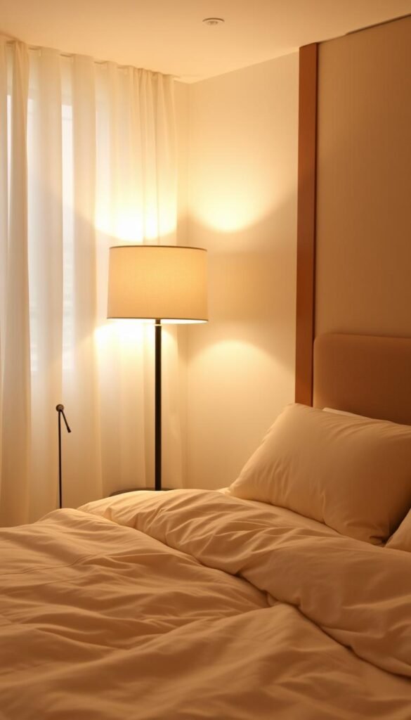A cozy bedroom with a warm, inviting ambiance. Soft, diffused lighting illuminates the space, creating a serene and relaxing atmosphere. In the foreground, a bedside table with a minimalist table lamp casts a gentle glow, its light reflecting off the smooth, neutral-toned bedding. In the middle ground, a floor lamp with a linen shade provides additional illumination, its light blending seamlessly with the natural light filtering in through sheer curtains. The background features a neutral-colored accent wall, adding depth and dimension to the space. The overall mood is one of tranquility, comfort, and an effortless sense of sophistication.
