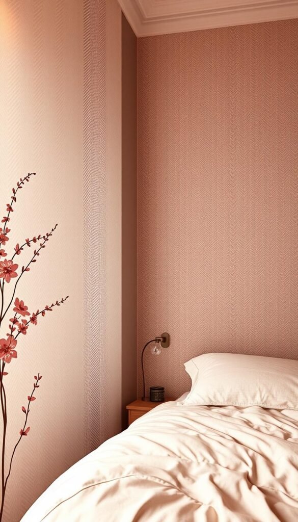 A cozy bedroom with layered wallpaper patterns in soft, complementary hues. The foreground features a delicate floral motif, its intricate blooms cascading across the wall. In the middle ground, a subtle herringbone texture adds depth and visual interest. The background showcases a serene geometric pattern, its clean lines contrasting yet harmonizing with the organic floral elements. Warm, diffused lighting casts a gentle glow, creating a inviting ambiance. A high-angle perspective captures the layered patterns, highlighting their harmonious interplay. The overall mood is one of sophisticated style and relaxed sophistication, perfect for a modern bedroom retreat. A cozy bedroom with layered wallpaper patterns in soft, complementary hues. The foreground features a delicate floral motif, its intricate blooms cascading across the wall. In the middle ground, a subtle herringbone texture adds depth and visual interest. The background showcases a serene geometric pattern, its clean lines contrasting yet harmonizing with the organic floral elements. Warm, diffused lighting casts a gentle glow, creating a inviting ambiance. A high-angle perspective captures the layered patterns, highlighting their harmonious interplay. The overall mood is one of sophisticated style and relaxed sophistication, perfect for a modern bedroom retreat.