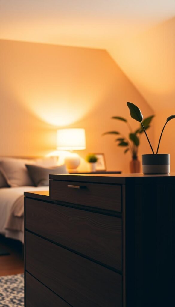 A cozy bedroom with warm lighting and a modern, wooden dresser in the foreground. The dresser is showcased at an angle, highlighting its clean lines and elegant design. In the middle ground, various bedroom accessories like decorative pillows, a table lamp, and a potted plant create a harmonious scene. The background features a muted, neutral-toned wall, allowing the dresser to be the focal point. The overall atmosphere is inviting and sophisticated, capturing the essence of a well-designed bedroom that prioritizes both form and function.