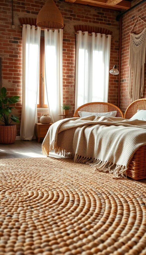 A cozy boho-inspired bedroom with warm natural textures. In the foreground, a plush woven area rug and textured throw blanket create a rustic, inviting ambiance. In the middle ground, a rattan headboard and wooden nightstand provide earthy accents, complemented by sheer linen curtains filtering soft, diffused sunlight. The background features exposed brick walls and a macrame wall hanging, evoking a relaxed, lived-in aesthetic. The overall scene radiates a sense of organic comfort and laid-back sophistication. A cozy boho-inspired bedroom with warm natural textures. In the foreground, a plush woven area rug and textured throw blanket create a rustic, inviting ambiance. In the middle ground, a rattan headboard and wooden nightstand provide earthy accents, complemented by sheer linen curtains filtering soft, diffused sunlight. The background features exposed brick walls and a macrame wall hanging, evoking a relaxed, lived-in aesthetic. The overall scene radiates a sense of organic comfort and laid-back sophistication.