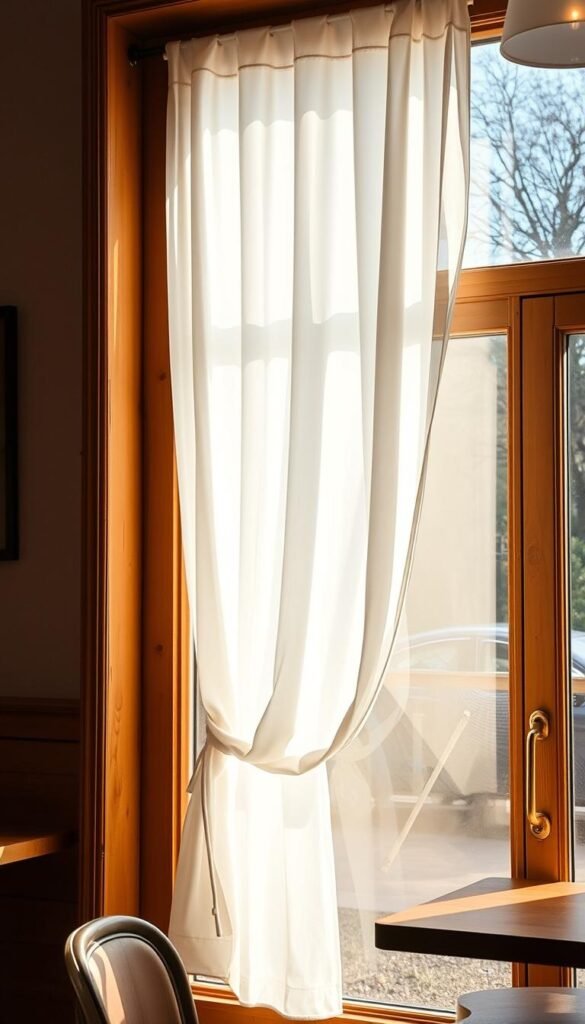 A cozy cafe interior with an elegant, sheer white cafe curtain panel hanging in the large window, allowing natural light to filter in and create a warm, inviting ambiance. The curtain is draped in soft, organic folds, gently swaying in a gentle breeze. The window frame is made of warm, weathered wood, complementing the overall rustic charm of the space. The lighting is a combination of natural daylight and soft, ambient lighting, casting a golden glow throughout the room. The overall scene evokes a sense of tranquility and relaxation, perfect for a peaceful morning coffee or an afternoon tea.