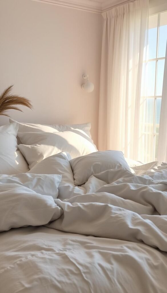 A cozy coastal bedroom with crisp white linens and soft, textured layering. In the foreground, a plush bedspread in a soothing shade of blue-gray, complemented by piles of fluffy white pillows. The middle ground features a delicate linen duvet cover, its folds catching the warm, golden light streaming in through a large window. In the background, sheer curtains billow gently, creating a serene, airy atmosphere. The overall scene evokes a sense of relaxation and quiet sophistication, perfect for a modern beach-inspired retreat.