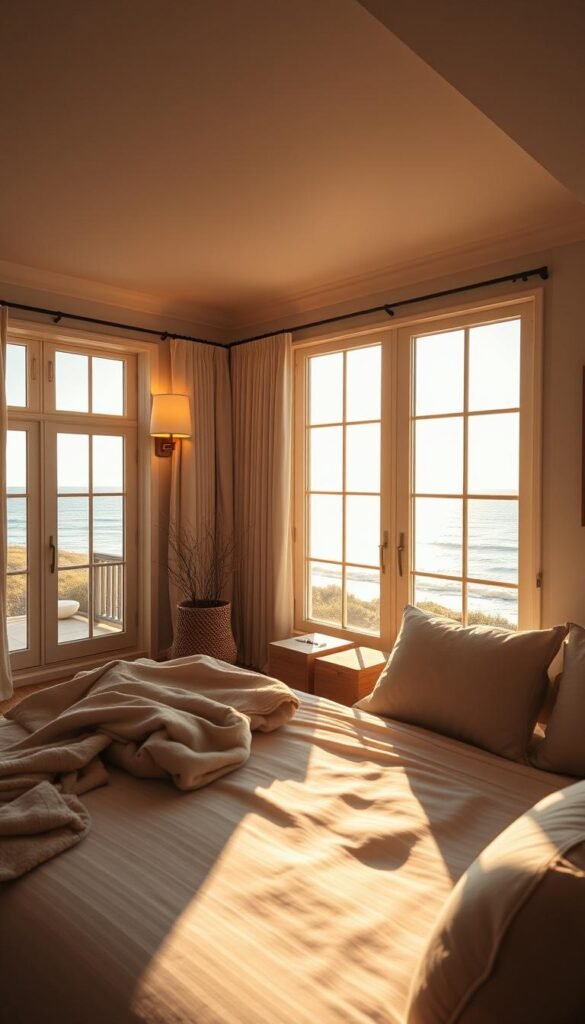A cozy coastal bedroom with warm, natural lighting streaming through large windows overlooking a scenic ocean vista. Soft, diffused lighting emanates from a pair of wall sconces with neutral-toned shades, creating a tranquil ambiance. Plush bedding and furniture in muted, earthy tones blend seamlessly with the serene, beach-inspired decor. The room is bathed in a golden glow, evoking a sense of relaxation and rejuvenation. Wide-angle lens captures the spacious, harmonious layout, highlighting the balance between natural and artificial illumination.