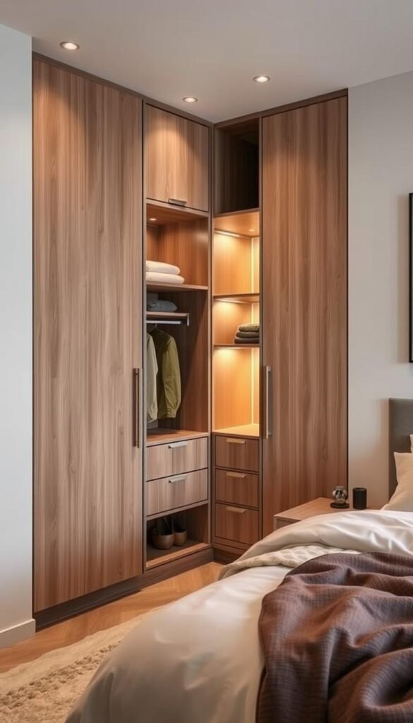 A cozy corner of a bedroom filled with a sleek, modern corner wardrobe. The wardrobe features ample storage compartments with adjustable shelves, sliding doors, and integrated task lighting. A soft, warm glow illuminates the space, highlighting the clean lines and minimalist design. The wardrobe is positioned at a 45-degree angle, maximizing the use of the corner and creating a seamless, cohesive look. Warm, earthy tones in the wood grain and muted colors complement the surrounding decor, resulting in a calm, inviting atmosphere. The image is captured at a low angle, showcasing the wardrobe's efficient use of space and elegant functionality.