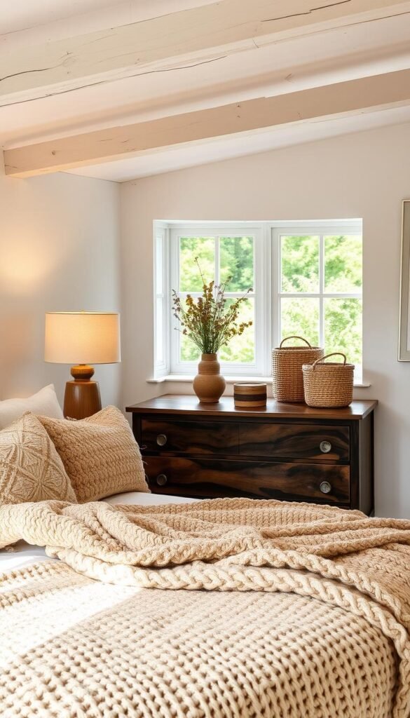 A cozy cottage bedroom, awash in natural warmth. In the foreground, a bed is adorned with a chunky knit blanket and plush pillows, textures inviting touch. On the nightstands, a pair of artisanal lamps cast a soft glow, their bases crafted from weathered wood. In the middle ground, a dresser showcases a vase of wildflowers and woven baskets, hinting at the room's rustic charm. The background reveals whitewashed walls, complemented by exposed ceiling beams and a window overlooking a lush, verdant landscape. The overall atmosphere exudes a sense of tranquility and natural harmony. A cozy cottage bedroom, awash in natural warmth. In the foreground, a bed is adorned with a chunky knit blanket and plush pillows, textures inviting touch. On the nightstands, a pair of artisanal lamps cast a soft glow, their bases crafted from weathered wood. In the middle ground, a dresser showcases a vase of wildflowers and woven baskets, hinting at the room's rustic charm. The background reveals whitewashed walls, complemented by exposed ceiling beams and a window overlooking a lush, verdant landscape. The overall atmosphere exudes a sense of tranquility and natural harmony.