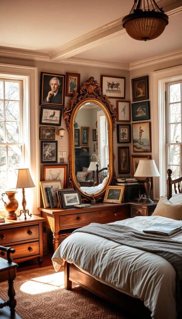 A cozy cottage bedroom with a focal point showcasing an ornate gilded mirror surrounded by an assortment of framed paintings, sketches, and wall hangings. Soft, warm lighting from sconces and a table lamp creates a serene, inviting atmosphere. Plush bedding, a woven area rug, and wooden furniture pieces complete the rustic-chic aesthetic. The mirror reflects the artwork, amplifying the sense of depth and visual interest. Sunlight streams in through large windows, casting a gentle glow across the scene. An overall mood of tranquility and artistic sophistication pervades the space.