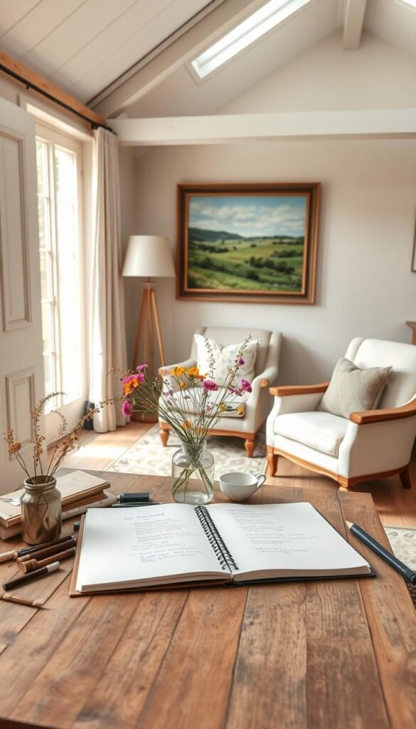 A cozy cottage interior, filled with natural light from large windows. Soft, muted tones of cream, sage, and oak create a serene ambiance. In the foreground, an artist's sketchbook lies open on a rustic wooden table, surrounded by various art supplies. A vase of fresh wildflowers adds a touch of vibrant color. The middle ground features a comfortable armchair, inviting the viewer to settle in and envision their own cottage-style design. In the background, a large, framed landscape painting hangs on the wall, offering a glimpse of the peaceful countryside beyond. The overall scene conveys a sense of contemplation, creativity, and the harmonious blending of indoor and outdoor elements. A cozy cottage interior, filled with natural light from large windows. Soft, muted tones of cream, sage, and oak create a serene ambiance. In the foreground, an artist's sketchbook lies open on a rustic wooden table, surrounded by various art supplies. A vase of fresh wildflowers adds a touch of vibrant color. The middle ground features a comfortable armchair, inviting the viewer to settle in and envision their own cottage-style design. In the background, a large, framed landscape painting hangs on the wall, offering a glimpse of the peaceful countryside beyond. The overall scene conveys a sense of contemplation, creativity, and the harmonious blending of indoor and outdoor elements.