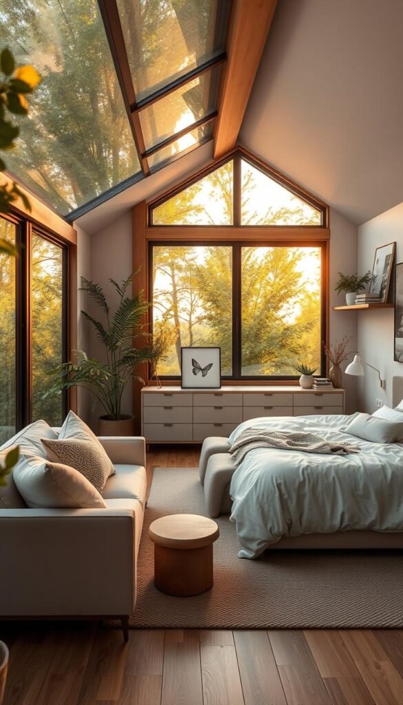 A cozy cottage nestled amidst lush greenery, its rustic charm blending seamlessly with a modern, minimalist bedroom. Warm, golden lighting filters through large windows, casting a soft glow on the clean-lined furniture and sleek, neutral decor. Plush bedding and natural wood accents lend a sense of comfort and tactility, while streamlined shelving and contemporary art pieces add a touch of urban sophistication. The entire scene exudes a harmonious balance between the timeless allure of a country escape and the refined elegance of modern design. A cozy cottage nestled amidst lush greenery, its rustic charm blending seamlessly with a modern, minimalist bedroom. Warm, golden lighting filters through large windows, casting a soft glow on the clean-lined furniture and sleek, neutral decor. Plush bedding and natural wood accents lend a sense of comfort and tactility, while streamlined shelving and contemporary art pieces add a touch of urban sophistication. The entire scene exudes a harmonious balance between the timeless allure of a country escape and the refined elegance of modern design.