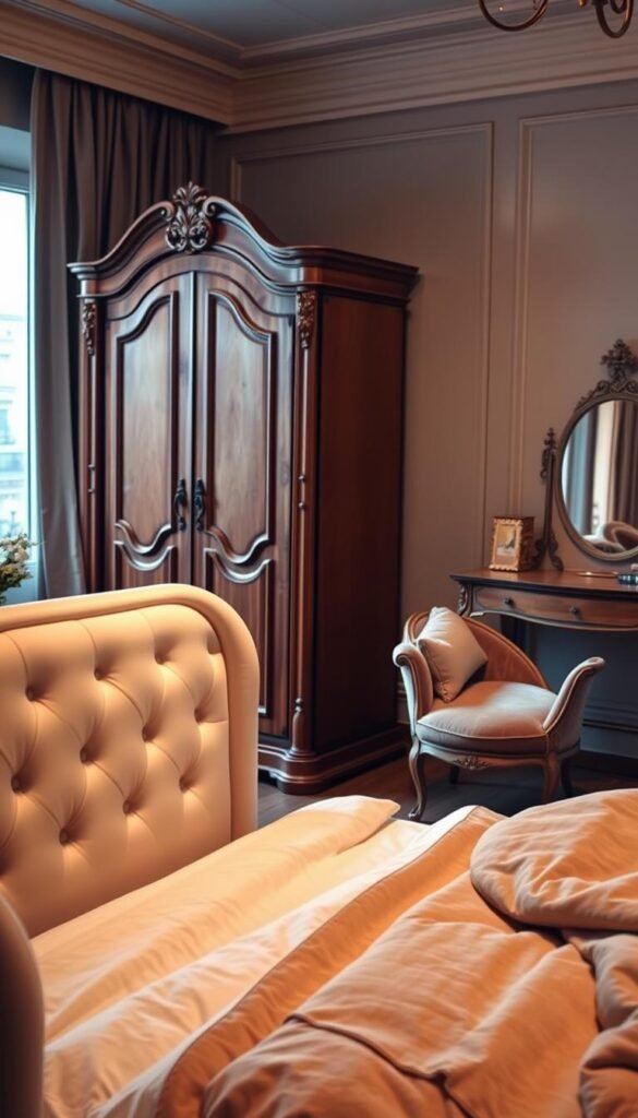 A cozy, elegant Parisian bedroom adorned with refined, curvy furniture pieces. The foreground features a plush, tufted upholstered bed frame with gently sloping lines, accented by lush, textured bedding in soft, muted hues. In the middle ground, an ornate, wooden armoire with subtle floral carvings stands proudly, complemented by a graceful, swooping chaise lounge upholstered in a sumptuous velvet. The background showcases a delicate, wrought-iron vanity table with a decorative mirror, bathed in warm, diffused lighting that casts a romantic, cinematic ambiance throughout the space. The overall atmosphere exudes a sense of timeless sophistication and Parisian charm. A cozy, elegant Parisian bedroom adorned with refined, curvy furniture pieces. The foreground features a plush, tufted upholstered bed frame with gently sloping lines, accented by lush, textured bedding in soft, muted hues. In the middle ground, an ornate, wooden armoire with subtle floral carvings stands proudly, complemented by a graceful, swooping chaise lounge upholstered in a sumptuous velvet. The background showcases a delicate, wrought-iron vanity table with a decorative mirror, bathed in warm, diffused lighting that casts a romantic, cinematic ambiance throughout the space. The overall atmosphere exudes a sense of timeless sophistication and Parisian charm.