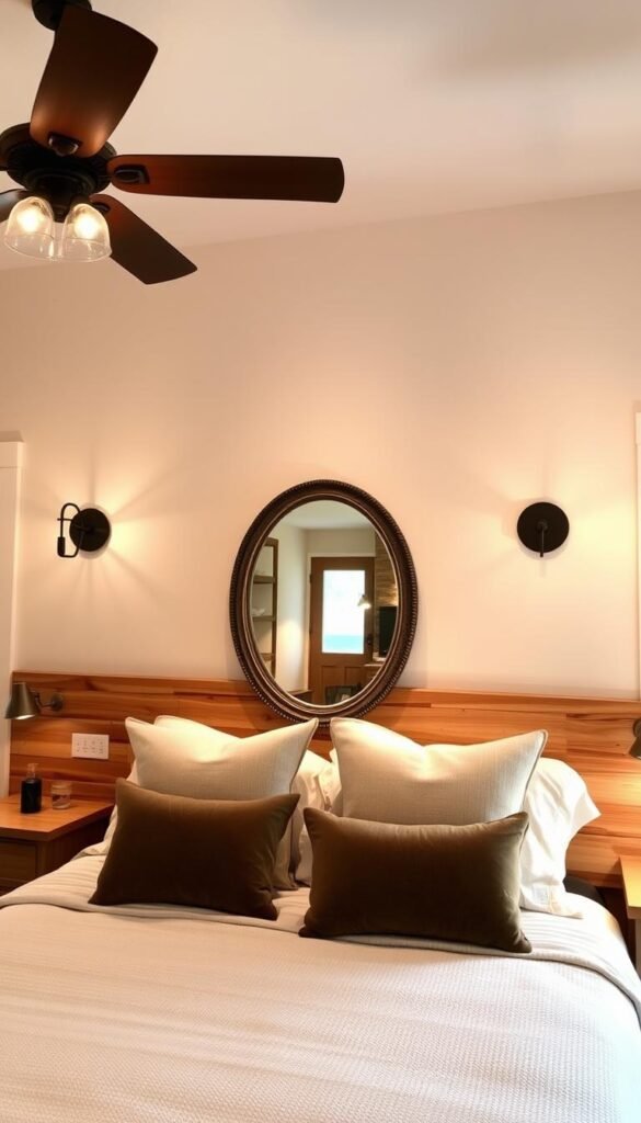 A cozy farmhouse bedroom, bathed in warm, inviting light. Rustic overhead fixtures cast a soft, ambient glow, complementing the room's natural wood tones and neutral palette. Vintage-inspired wall sconces flank a large, ornate mirror, creating a stylish focal point. Subtle track lighting illuminates the bedside nightstands, providing task lighting for reading. The overall lighting scheme exudes a blend of modern and traditional elements, perfectly suited for a modern farmhouse master suite.