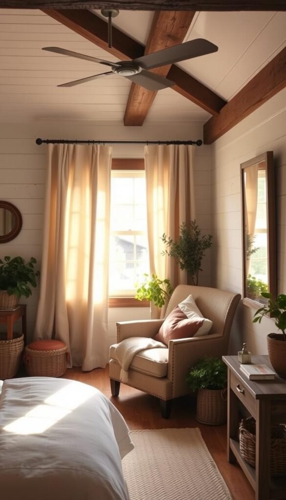 A cozy farmhouse bedroom with a plush armchair and a wooden bench tucked into a sunny nook, surrounded by shiplap walls and rustic beams. Warm, soft lighting filters through linen curtains, casting a welcoming glow. The space is accented with natural textures like woven baskets, lush greenery, and a worn wooden side table. An inviting, functional space for reading, relaxing, or enjoying a quiet moment.