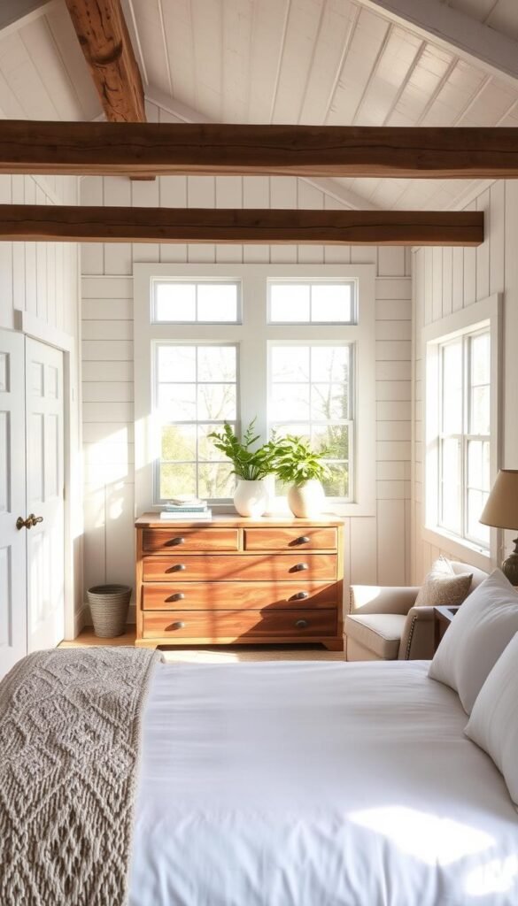 A cozy farmhouse bedroom with rustic beams, whitewashed wood paneling, and a neutral color palette. In the foreground, a simple yet elegant bed with crisp white linens and a plush throw. Sunlight streams through large windows, casting a warm glow over the scene. The middle ground features a reclaimed wood dresser with weathered hardware, complemented by a vintage armchair. In the background, a charming reading nook with a cozy armchair and a potted plant. The overall atmosphere is serene, inviting, and reflective of the modern farmhouse aesthetic.