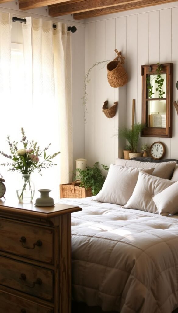 A cozy farmhouse bedroom with rustic charm. An inviting scene bathed in warm, natural light filtering through lace-patterned curtains. In the foreground, a distressed wooden dresser adorned with a vase of wildflowers, a vintage clock, and other curated accessories. On the bed, a plush quilt in muted tones complements tufted linen pillows. Trailing plants and farmhouse-inspired décor elements like a woven basket and weathered mirror accent the middle ground, while the background features whitewashed wood paneling and a glimpse of a cozy reading nook.