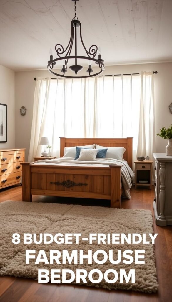 A cozy farmhouse bedroom with rustic wooden furniture, including a sturdy bed frame, a distressed dresser, and a vintage-inspired nightstand. Soft lighting from a wrought-iron chandelier casts a warm glow, complementing the natural textures of the room. In the foreground, a plush area rug in muted tones anchors the space, while sheer curtains gently billow in the background, creating a serene and inviting atmosphere. The overall aesthetic is a harmonious blend of rustic charm and modern simplicity, capturing the essence of a budget-friendly farmhouse bedroom.