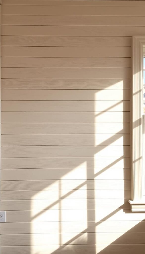 A cozy farmhouse wall, adorned with a rustic shiplap treatment in a warm white hue. The wooden panels stretch across the frame, casting soft shadows that create depth and texture. Subtle distressing adds character, evoking the charm of a well-loved country home. Sunlight filters through a nearby window, casting a golden glow and highlighting the natural imperfections of the material. The overall atmosphere is one of inviting warmth and timeless elegance, perfectly capturing the essence of a modern farmhouse aesthetic.