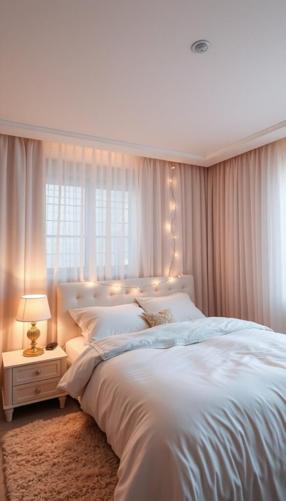 A cozy, feminine bedroom with a layered lighting setup. Soft, diffused overhead lighting casts a warm glow, while a pair of elegant table lamps on the nightstands provide focused illumination. A plush area rug and sheer curtains filter the light, creating a dreamy, inviting atmosphere. Delicate string lights drape across the headboard, adding a touch of whimsy. The scene is captured through a wide-angle lens, showcasing the harmonious interplay of the various light sources and their effects on the serene, pastel-toned decor.