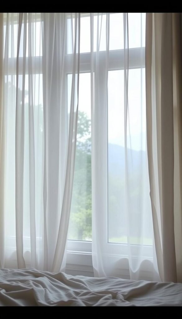 A cozy feminine bedroom with sheer, flowing white curtains draped elegantly over tall windows. Soft, diffuse natural light filters through, creating a serene, ethereal atmosphere. The curtains billow gently, adding a sense of graceful movement. The delicate fabric catches the light, casting gentle shadows across the room. The curtains frame the view outside, hinting at the tranquil outdoor landscape beyond. The overall mood is one of tranquility, comfort, and understated elegance. A cozy feminine bedroom with sheer, flowing white curtains draped elegantly over tall windows. Soft, diffuse natural light filters through, creating a serene, ethereal atmosphere. The curtains billow gently, adding a sense of graceful movement. The delicate fabric catches the light, casting gentle shadows across the room. The curtains frame the view outside, hinting at the tranquil outdoor landscape beyond. The overall mood is one of tranquility, comfort, and understated elegance.