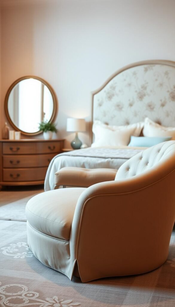 A cozy, feminine bedroom with soft, curved furniture. In the foreground, a plush, tufted chaise lounge with gentle, undulating lines. The middle ground features a low, rounded dresser with brushed metal hardware and a curved mirror above it. In the background, a large, curved headboard with a delicate floral pattern creates a serene, enveloping ambiance. Warm, diffused lighting casts a gentle glow, highlighting the smooth, organic forms. The overall atmosphere is one of comfort, relaxation, and timeless elegance. A cozy, feminine bedroom with soft, curved furniture. In the foreground, a plush, tufted chaise lounge with gentle, undulating lines. The middle ground features a low, rounded dresser with brushed metal hardware and a curved mirror above it. In the background, a large, curved headboard with a delicate floral pattern creates a serene, enveloping ambiance. Warm, diffused lighting casts a gentle glow, highlighting the smooth, organic forms. The overall atmosphere is one of comfort, relaxation, and timeless elegance.