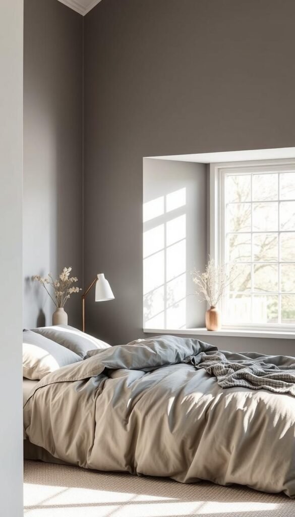 A cozy grey bedroom bathed in natural light, showcasing a perfect balance of warmth and sophistication. The mid-grey walls create a soothing, inviting atmosphere, while the large window casts a soft, diffused glow throughout the space. Plush grey bedding and textiles lend a touch of luxury, complemented by natural wood accents and minimalist decor. The room is captured from a slightly elevated angle, highlighting the clean, modern lines and the interplay of light and shadow. The overall mood is one of tranquility and refined elegance, perfectly capturing the essence of the perfect grey bedroom.