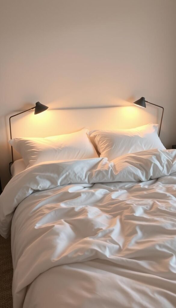 A cozy, high-quality bed with plush, white bedding. The sheets are soft and inviting, with a hint of sheen. Fluffy down pillows and a thick, luxurious duvet cover create an irresistible nesting spot. Warm lighting from a pair of sleek, modern bedside lamps casts a gentle glow, enveloping the scene in a soothing, tranquil ambiance. The bed is positioned in a minimalist, chic bedroom setting, with clean lines and muted tones complementing the bedding's sophistication. This serene, high-end sleeping experience evokes a sense of ultimate comfort and relaxation.