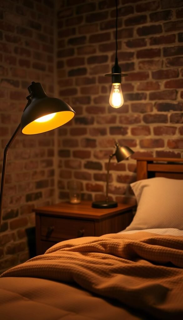 A cozy industrial bedroom with a warm, ambient lighting setup. In the foreground, a sleek metal floor lamp casts a soft glow over the bedside table and plush textured bedding. In the middle ground, a pendant light fixture with exposed bulbs hangs above the wooden nightstand, illuminating the space with a subtle industrial flair. The background features exposed brick walls, adding depth and texture to the scene. The lighting creates a tranquil, moody atmosphere, perfect for a modern, budget-friendly industrial bedroom retreat.