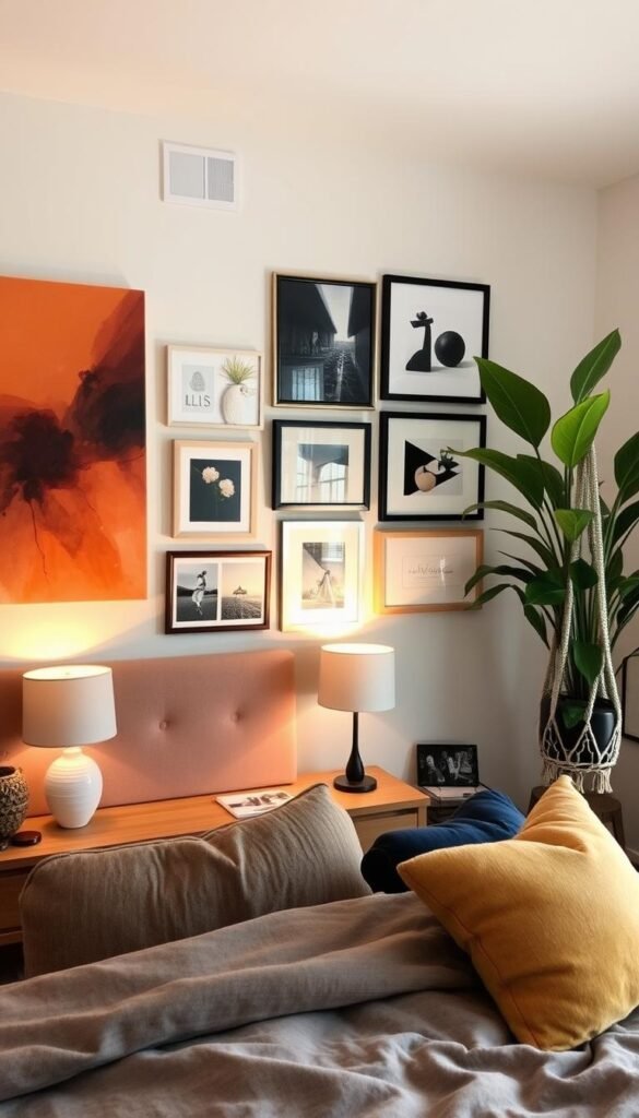 A cozy, inviting bedroom featuring an eclectic mix of artwork and decor that reflects the homeowner's personal style. In the foreground, a large, abstract canvas painting in warm tones hangs above the plush, upholstered headboard. On the nightstands, decorative vases and small sculptures add visual interest. The middle ground showcases a gallery wall of framed prints and photographs, each piece carefully curated to complement the overall aesthetic. Soft ambient lighting from a pair of sleek, minimalist table lamps creates a relaxing, intimate atmosphere. The background boasts a lush, verdant plant nestled in a macrame plant holder, adding a touch of nature to the space. The overall scene evokes a sense of modern chic, where personal expression shines through the thoughtful selection and arrangement of artwork and decor.