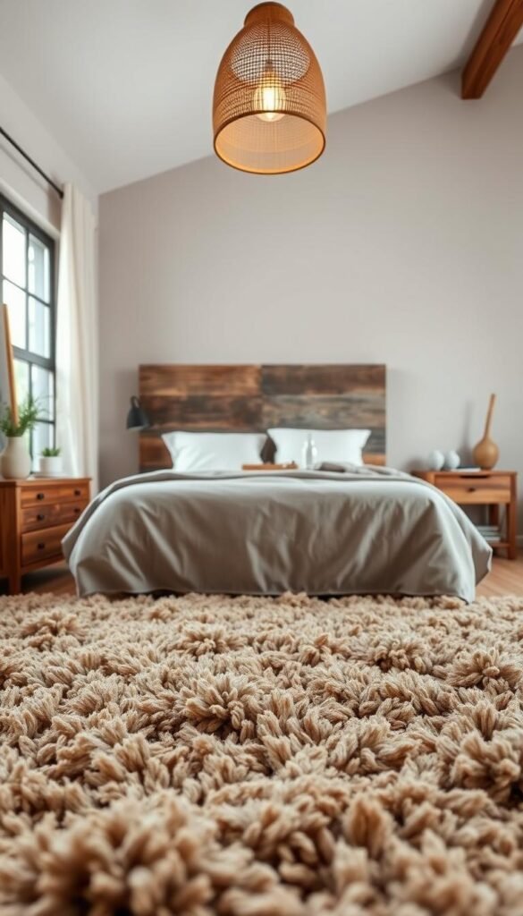 A cozy, inviting bedroom with a focus on natural textures and materials. In the foreground, a plush, earthy-toned area rug anchors the space, its fibers evoking the warmth of a forest floor. Against the far wall, a weathered wood headboard frames the bed, its rustic charm complemented by crisp, linen bedding. Overhead, a woven pendant light casts a soft, ambient glow, illuminating the room's muted color palette. In the middle ground, a reclaimed wood dresser and nightstands add warmth, their natural grains and knots visible. In the background, a large window allows natural light to flood the space, highlighting the earthy tones and organic materials throughout. A cozy, inviting bedroom with a focus on natural textures and materials. In the foreground, a plush, earthy-toned area rug anchors the space, its fibers evoking the warmth of a forest floor. Against the far wall, a weathered wood headboard frames the bed, its rustic charm complemented by crisp, linen bedding. Overhead, a woven pendant light casts a soft, ambient glow, illuminating the room's muted color palette. In the middle ground, a reclaimed wood dresser and nightstands add warmth, their natural grains and knots visible. In the background, a large window allows natural light to flood the space, highlighting the earthy tones and organic materials throughout.