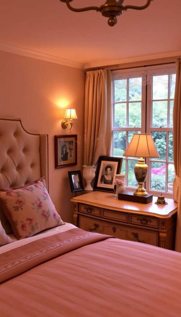 A cozy, inviting bedroom with a vintage-inspired decor. Warm, soft lighting illuminates a plush, tufted headboard in a muted floral pattern. An antique dresser with ornate brass hardware stands in the middle ground, adorned with framed photographs, a ceramic vase, and a brass table lamp. In the background, a large window with lacy curtains overlooks a quaint garden. The overall atmosphere is one of timeless elegance and personal charm. A cozy, inviting bedroom with a vintage-inspired decor. Warm, soft lighting illuminates a plush, tufted headboard in a muted floral pattern. An antique dresser with ornate brass hardware stands in the middle ground, adorned with framed photographs, a ceramic vase, and a brass table lamp. In the background, a large window with lacy curtains overlooks a quaint garden. The overall atmosphere is one of timeless elegance and personal charm.