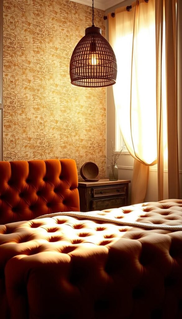 A cozy, inviting boho-inspired bedroom with a warm, earthy color palette. In the foreground, a plush, tufted velvet headboard in a rich terracotta hue sets the tone. The middle ground features a distressed wood nightstand and a woven rattan pendant lamp casting a soft, ambient glow. The background showcases a textured, neutral-toned wallpaper with touches of mustard yellow and olive green, creating a harmonious, organic atmosphere. Sunlight filters in through sheer, billowing curtains, illuminating the space with a natural, golden light. The overall scene exudes a relaxed, laid-back vibe, perfect for a modern bohemian bedroom. A cozy, inviting boho-inspired bedroom with a warm, earthy color palette. In the foreground, a plush, tufted velvet headboard in a rich terracotta hue sets the tone. The middle ground features a distressed wood nightstand and a woven rattan pendant lamp casting a soft, ambient glow. The background showcases a textured, neutral-toned wallpaper with touches of mustard yellow and olive green, creating a harmonious, organic atmosphere. Sunlight filters in through sheer, billowing curtains, illuminating the space with a natural, golden light. The overall scene exudes a relaxed, laid-back vibe, perfect for a modern bohemian bedroom.