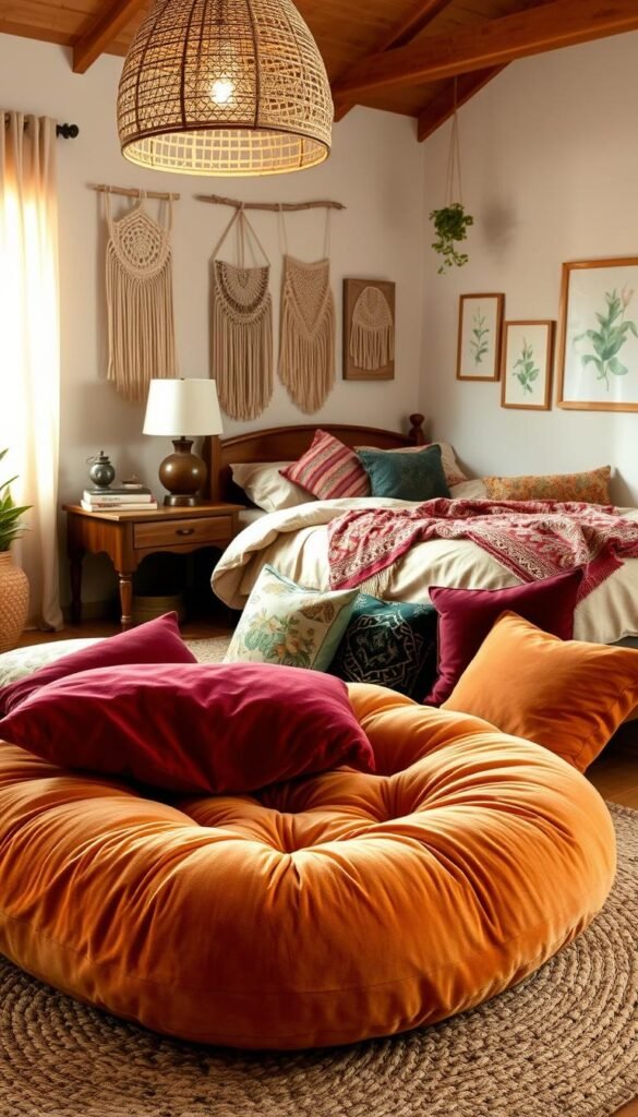 A cozy, inviting boho-style bedroom with warm, earthy tones and natural textures. In the foreground, a plush, oversized floor cushion sits atop a woven area rug, surrounded by an assortment of decorative pillows in rich, jewel-toned velvets and printed fabrics. Hanging from the ceiling, a rattan pendant light casts a soft, ambient glow. In the middle ground, a wooden nightstand supports a table lamp with a woven shade, a stack of books, and a few decorative trinkets. Behind, the bed is dressed in natural linen bedding, topped with a colorful, patterned throw. The walls are adorned with macrame wall hangings, framed botanical prints, and a hanging plant. The overall scene evokes a cozy, personalized retreat, perfect for relaxation and self-expression. A cozy, inviting boho-style bedroom with warm, earthy tones and natural textures. In the foreground, a plush, oversized floor cushion sits atop a woven area rug, surrounded by an assortment of decorative pillows in rich, jewel-toned velvets and printed fabrics. Hanging from the ceiling, a rattan pendant light casts a soft, ambient glow. In the middle ground, a wooden nightstand supports a table lamp with a woven shade, a stack of books, and a few decorative trinkets. Behind, the bed is dressed in natural linen bedding, topped with a colorful, patterned throw. The walls are adorned with macrame wall hangings, framed botanical prints, and a hanging plant. The overall scene evokes a cozy, personalized retreat, perfect for relaxation and self-expression.