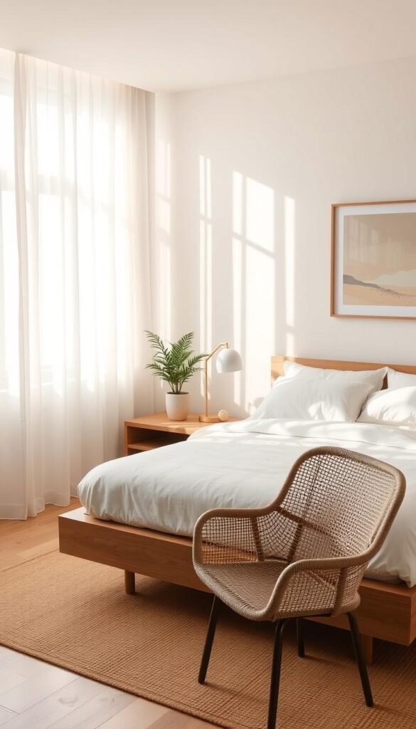 A cozy, inviting minimalist bedroom on a budget. A neutral, calming color palette with warm wood tones. Soft, natural lighting filtering through sheer curtains. A low-profile platform bed with crisp white bedding, complemented by a sleek nightstand and a small, potted plant. In the corner, a vintage-inspired armchair with a woven texture, creating a cozy reading nook. The walls are adorned with a single abstract artwork, adding a touch of visual interest. The overall atmosphere is serene and uncluttered, exuding a sense of tranquility and relaxation.