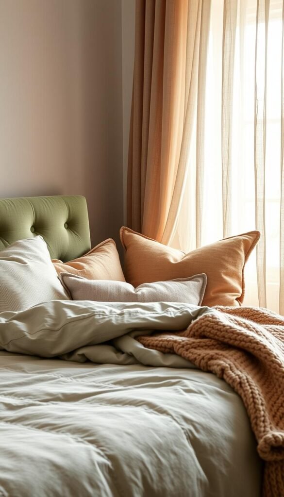 A cozy, luxurious scene of soft, layered textiles in shades of sage, clay, and oat. In the foreground, a plush, quilted duvet cover with a subtle herringbone pattern cascades over a tufted, velvet headboard. Mid-ground features sumptuous, linen throw pillows in earthy tones, accented by a chunky, knitted blanket draped elegantly. The background showcases sheer, billowing curtains in a slightly distressed, organic linen, filtering soft, golden light through the window. Delicate, textured details throughout create a warm, inviting atmosphere, perfect for a moody, mid-century modern bedroom.