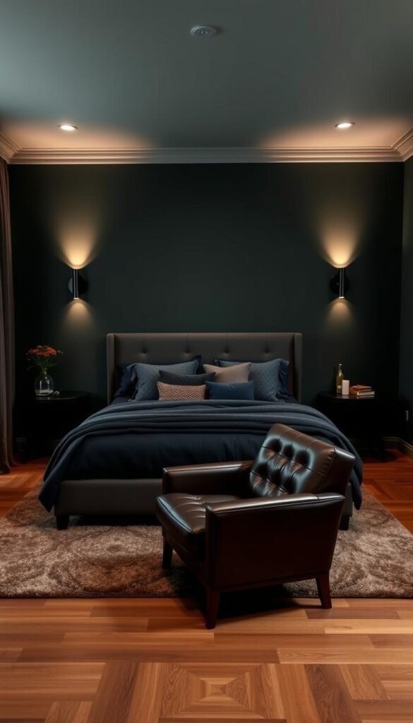 A cozy, masculine bedroom with a rich, moody color palette. A spacious room with warm, wooden floors and a plush area rug in earthy tones. The walls are painted in a deep, muted shade of green, complemented by charcoal gray accents on the bedframe and nightstands. Soft, ambient lighting from sleek, modern wall sconces casts a gentle glow, creating a serene and inviting atmosphere. The bedding features a mix of textural fabrics in shades of navy and slate, while a leather armchair in the corner adds a touch of sophistication. The overall effect is a harmonious, masculine sanctuary that exudes elegance and comfort. A cozy, masculine bedroom with a rich, moody color palette. A spacious room with warm, wooden floors and a plush area rug in earthy tones. The walls are painted in a deep, muted shade of green, complemented by charcoal gray accents on the bedframe and nightstands. Soft, ambient lighting from sleek, modern wall sconces casts a gentle glow, creating a serene and inviting atmosphere. The bedding features a mix of textural fabrics in shades of navy and slate, while a leather armchair in the corner adds a touch of sophistication. The overall effect is a harmonious, masculine sanctuary that exudes elegance and comfort.