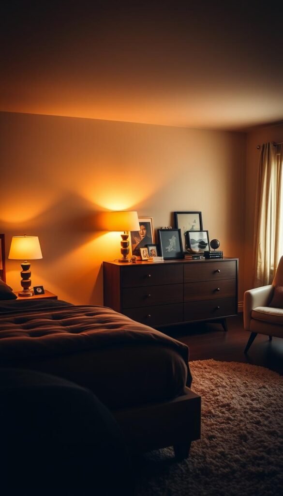 A cozy mid-century bedroom bathed in warm, muted lighting. In the foreground, a low-profile bed with a tufted, button-detailed headboard and plush bedding in earthy tones. On the nightstands, vintage table lamps with sleek, tapered bases casting a soft glow. The middle ground showcases a dresser with clean, angular lines, adorned with a collection of artfully arranged knick-knacks and framed artwork. In the background, a shag area rug and a retro-style armchair complete the quintessential mid-century ambiance. The overall scene evokes a sense of timeless elegance and comfortable sophistication. A cozy mid-century bedroom bathed in warm, muted lighting. In the foreground, a low-profile bed with a tufted, button-detailed headboard and plush bedding in earthy tones. On the nightstands, vintage table lamps with sleek, tapered bases casting a soft glow. The middle ground showcases a dresser with clean, angular lines, adorned with a collection of artfully arranged knick-knacks and framed artwork. In the background, a shag area rug and a retro-style armchair complete the quintessential mid-century ambiance. The overall scene evokes a sense of timeless elegance and comfortable sophistication.